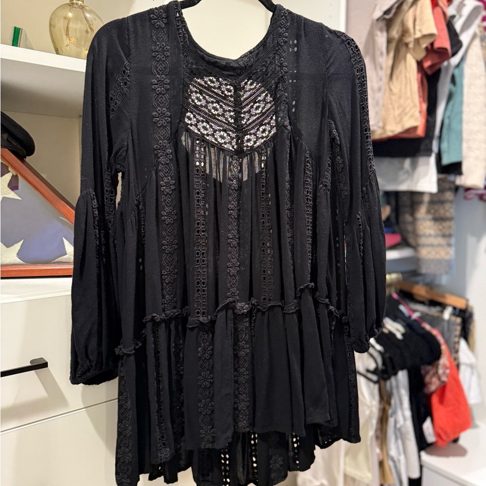 Free People boho Black Lace Women's Tunic Top